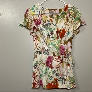 Como Vintage Floral Frenzy Delicate Feminine Peplum Top P/S Flutter Sleeve Flowy
